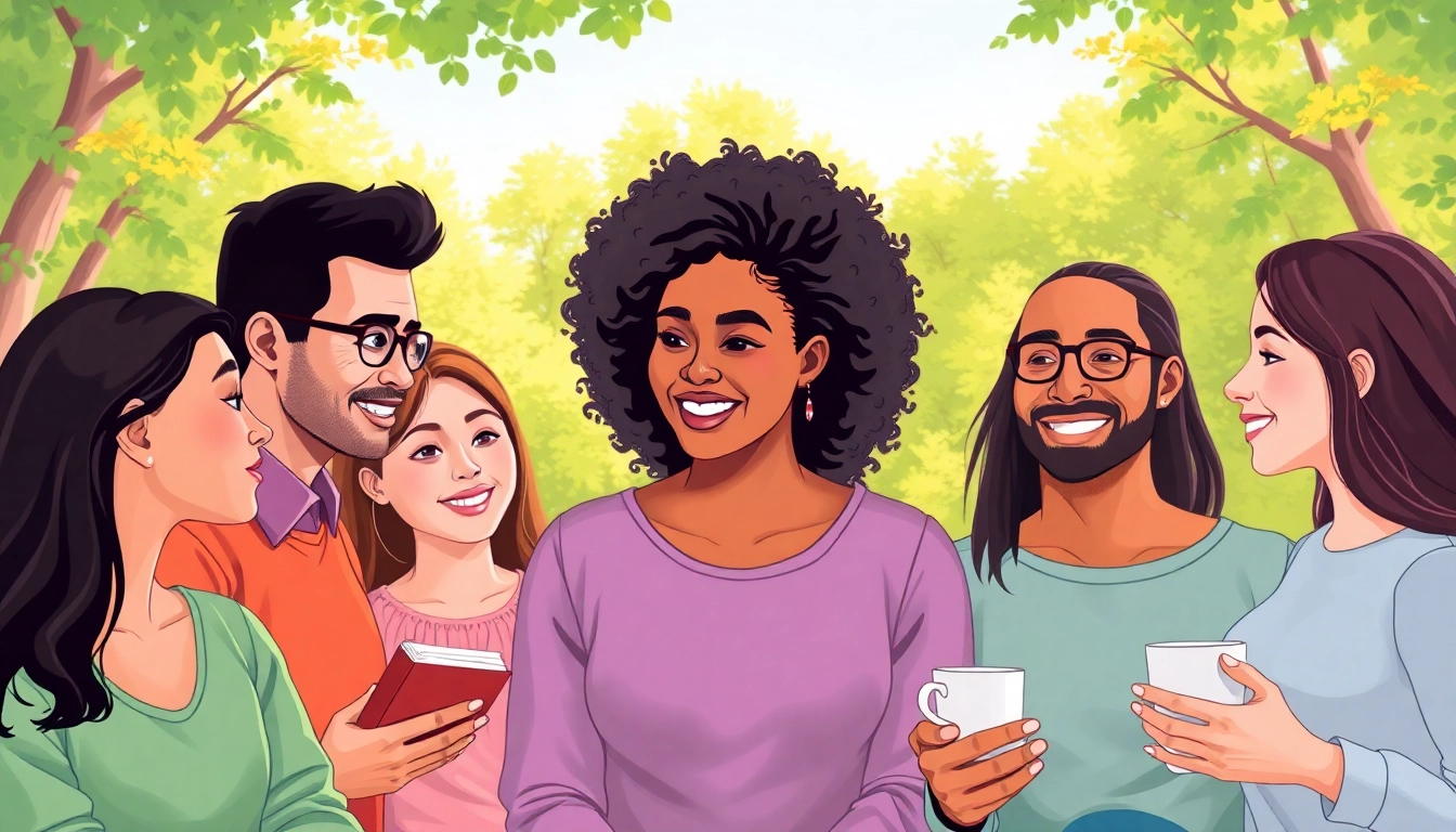 Illustration promoting mental health awareness through supportive conversations in a serene park.