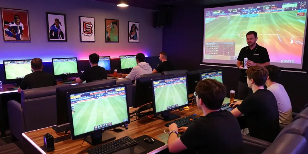 Enthusiastic players enjoying Alternatif Bola88 in a lively gaming lounge during a live sports betting event.