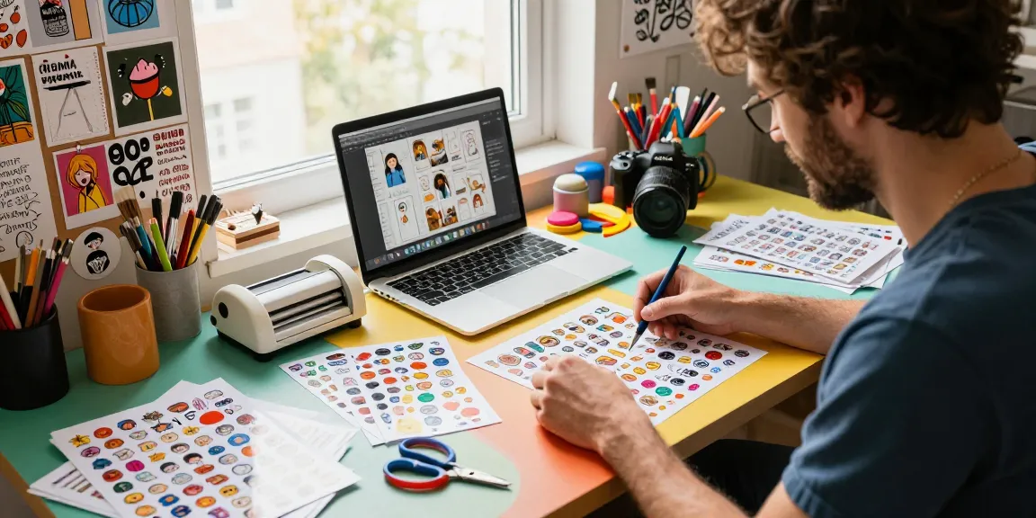 Designer creating custom stickers in a vibrant workspace filled with art supplies and digital designs.