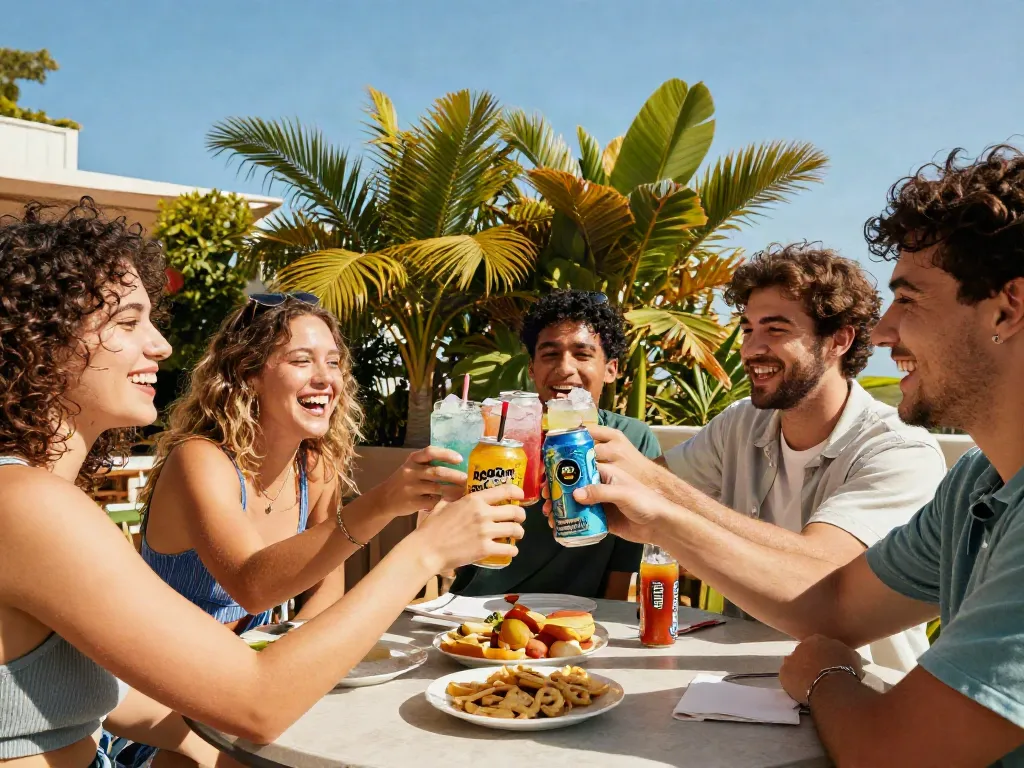 Friends enjoying ROKOK88 alternatif soda in a sunny outdoor setting.