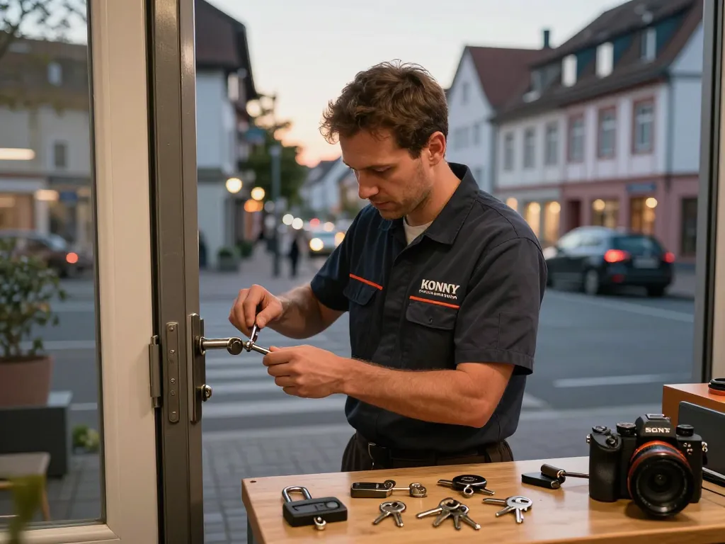 Experte im Schlüsseldienst, Schlüsseldienst Karlsruhe, der Kunden mit beschädigten Schlössern in einem professionellen städtischen Umfeld unterstützt.