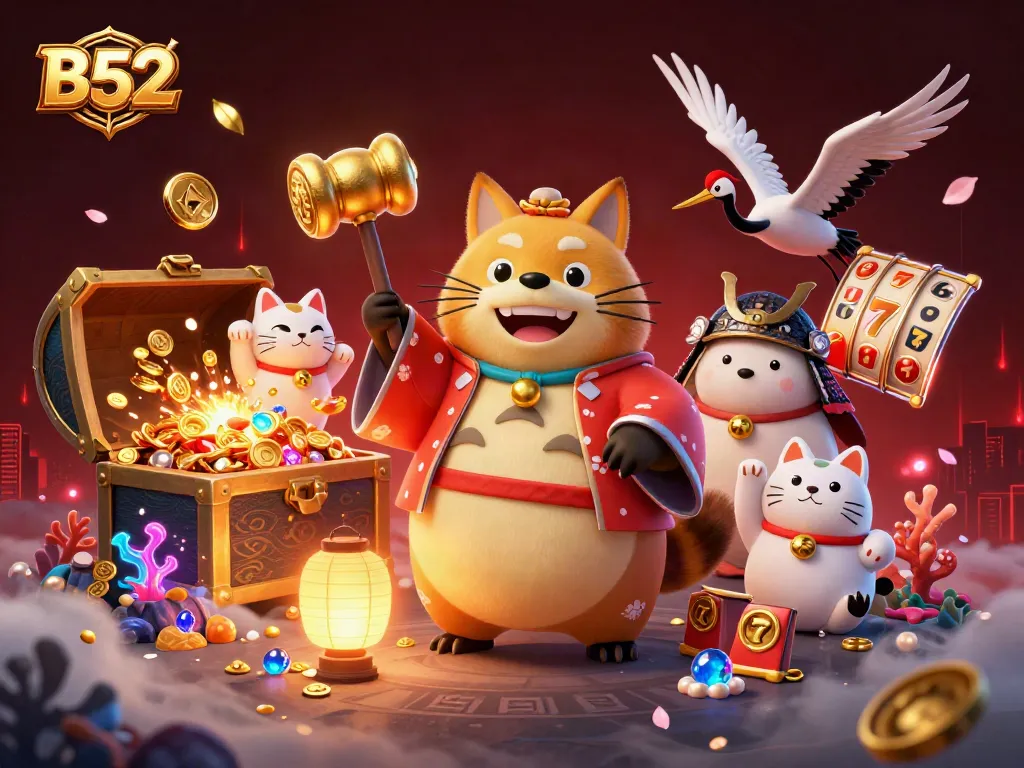 B52 brings luck with a cheerful tanuki and fortune cats in a rich casino-themed scene.