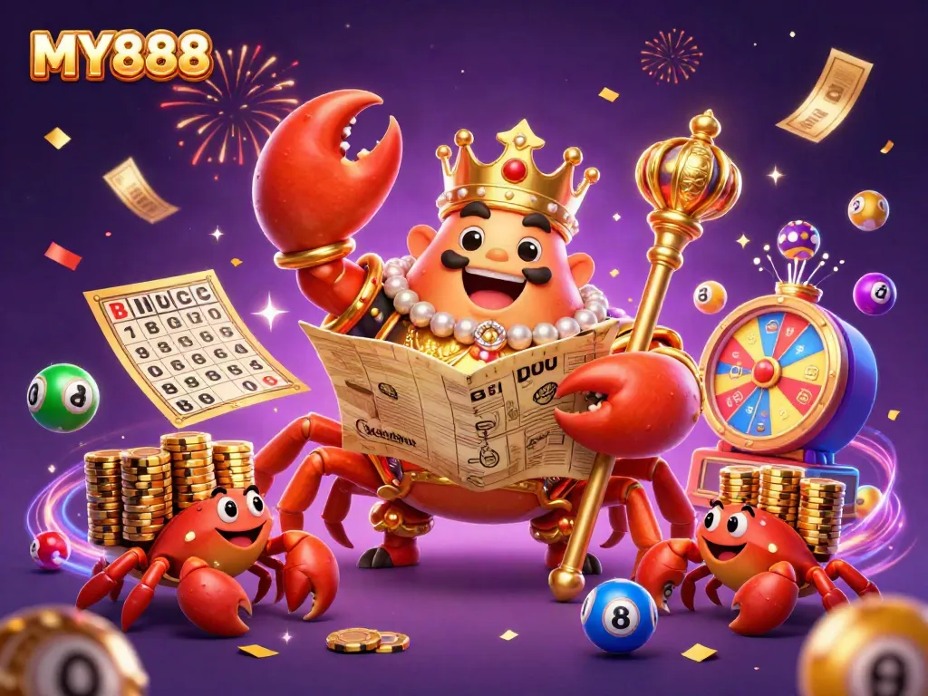 Join the excitement at MY888 with a lively illustration of golden casino-themed characters and colorful elements.