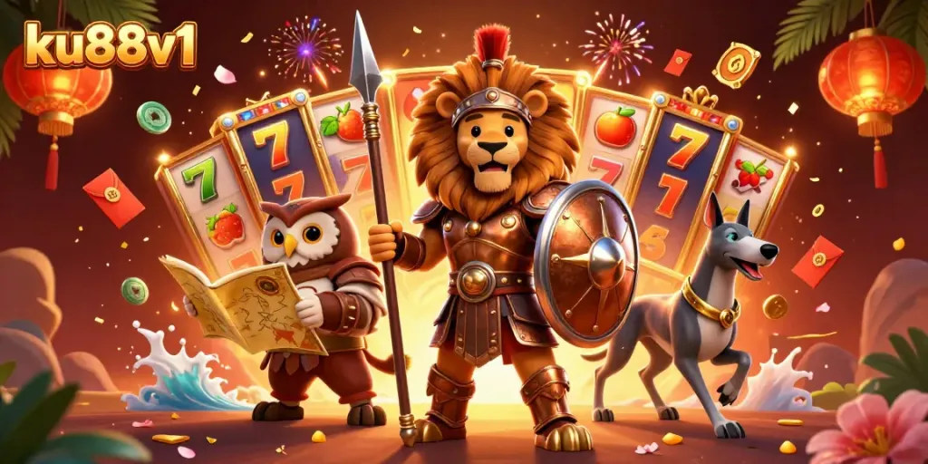 Experience the excitement of ku88v1 casino with a vibrant 3D illustration of a Spartan lion, owl, and greyhound amidst dynamic gaming elements.