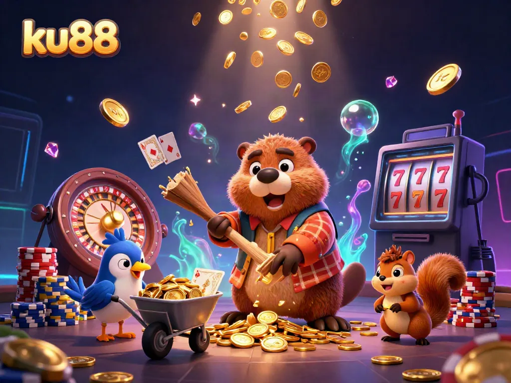 Play and win at ku88 with a lively scene of a beaver, bird, and squirrel celebrating the casino experience with golden coins.