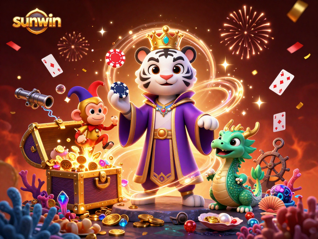 Experience sunwin excitement with a whimsical scene of a tiger, monkey, and dragon amidst vibrant casino elements.