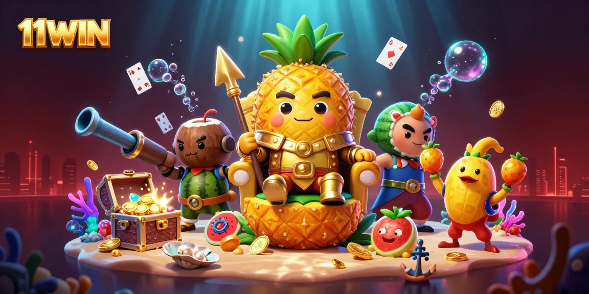 Experience thrilling 11WIN gameplay in this vibrant casino-themed 3D illustration showcasing dynamic characters.