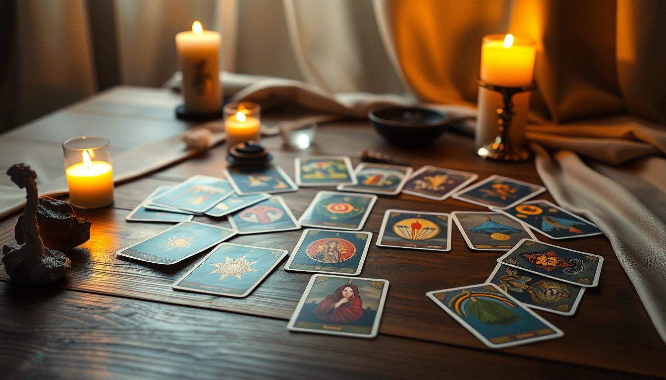 Erkunde die tarotkarten bedeutung durch eine mystische Lesung mit eleganten Karten und sanften Kerzenlicht.