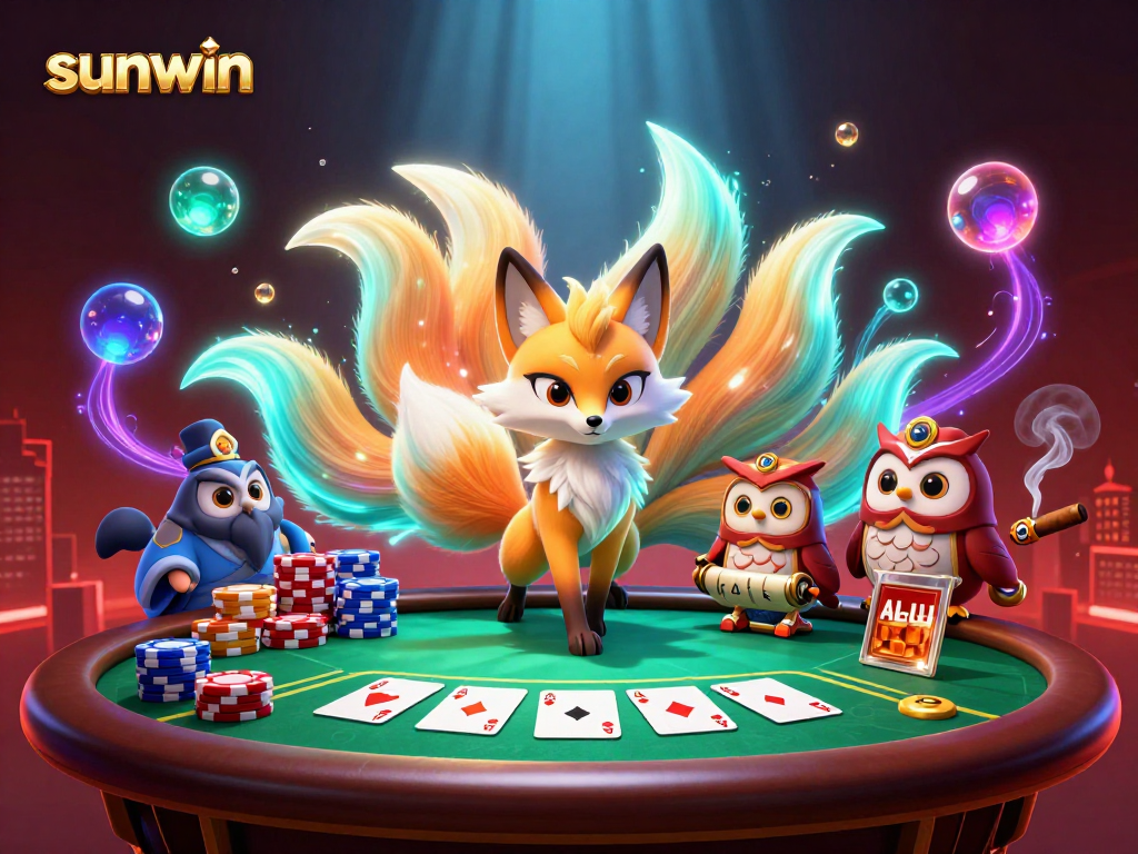 Engage with exciting poker action at sunwin featuring a mystical nine-tailed fox in vibrant colors.