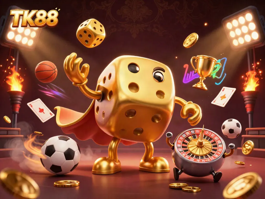 Experience thrilling wins with TK88's packed and dynamic casino scene featuring golden dice, sports elements, and vibrant graphics.