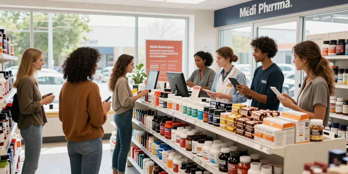 Medi Pharma Shop, der eine Vielzahl von Wellness-Produkten und Kundenengagement zeigt.