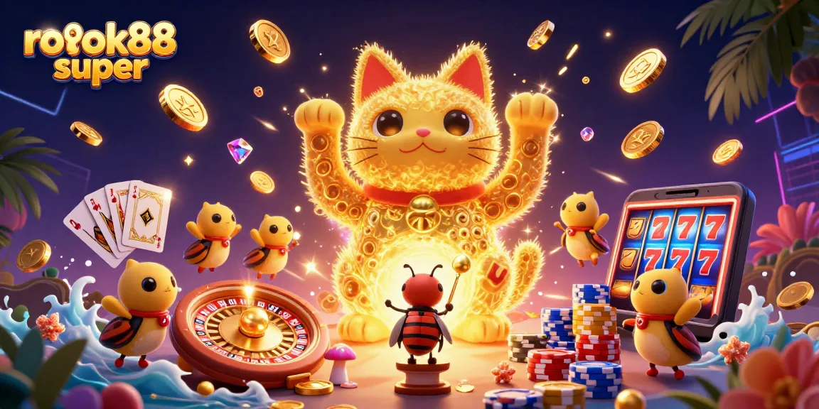 Experience the thrill of rokok88 super with a vibrant, dynamic casino scene featuring lucky charms and engaging symbols.