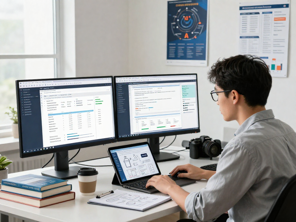 Data analyst engaged in document fraud detection analysis, showcasing advanced technology and algorithms.