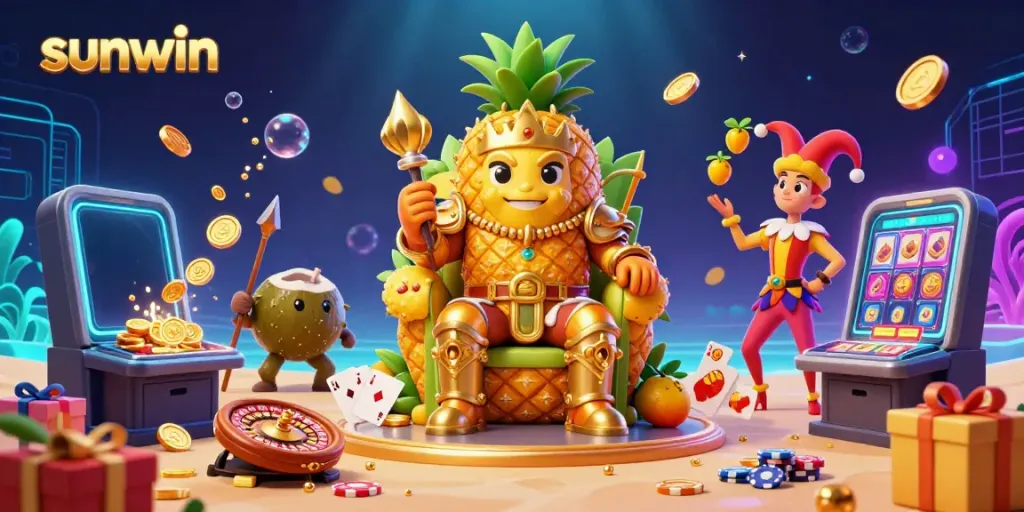 Experience the thrill of sunwin with a cartoon illustration featuring a pineapple king and engaging casino game elements.