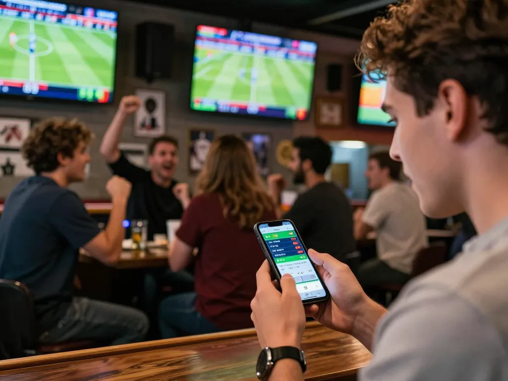 Sports enthusiast engaging in soi keo nha cai with friends at a lively sports bar, showing betting action