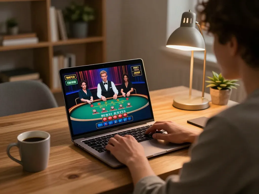 Engaging online gambling scene at F168 with a player focused on live dealer blackjack on a laptop.