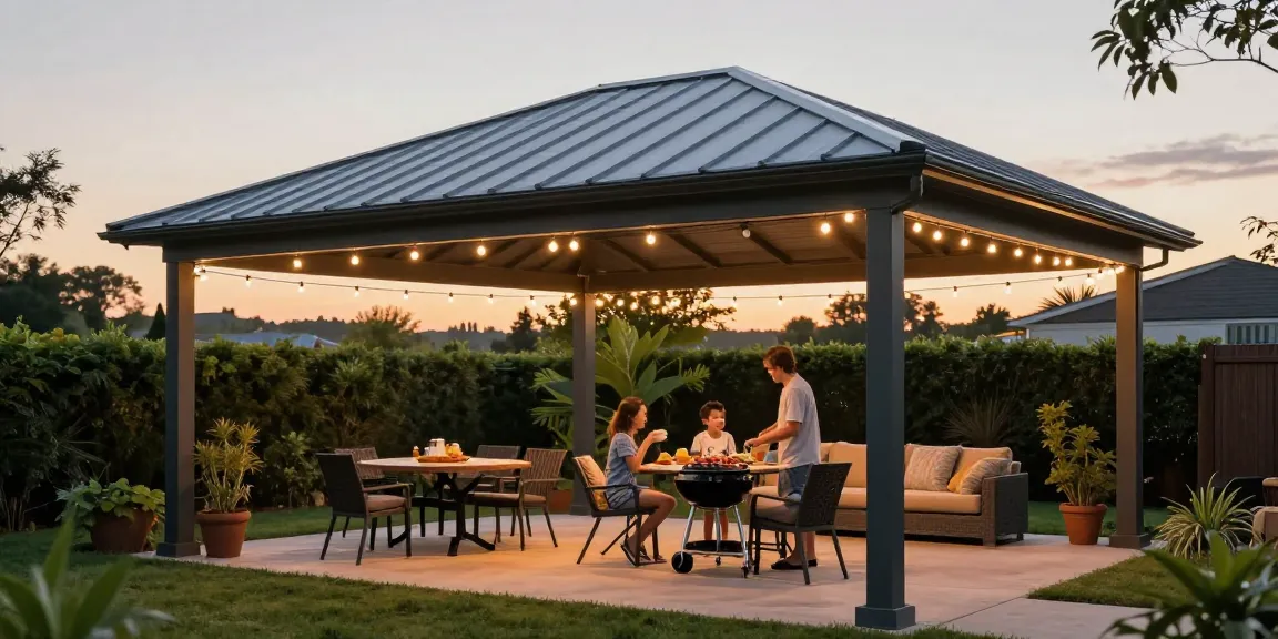 Moderne Terrassenüberdachung in stilvollem Garten mit Familie beim Grillen.