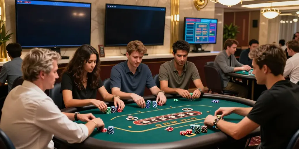 Excited players enjoying games at FC88 online casino in an elegant setting.