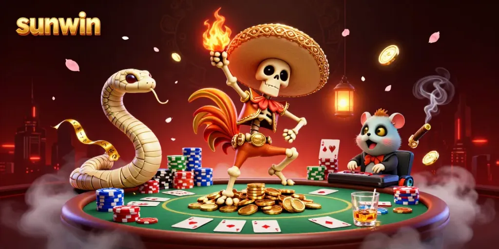 Experience the excitement of sunwin with a lively casino scene featuring card games and festive characters.