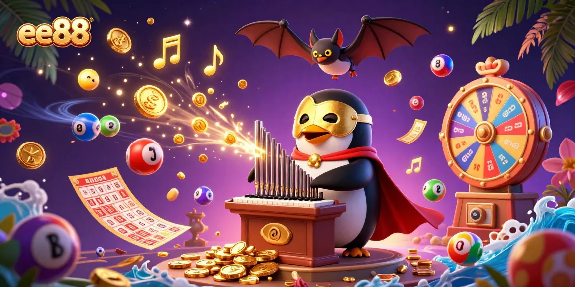 Experience a thrilling moment with ee88 as the phantom penguin plays a winning tune, surrounded by lively bingo balls and golden rewards.