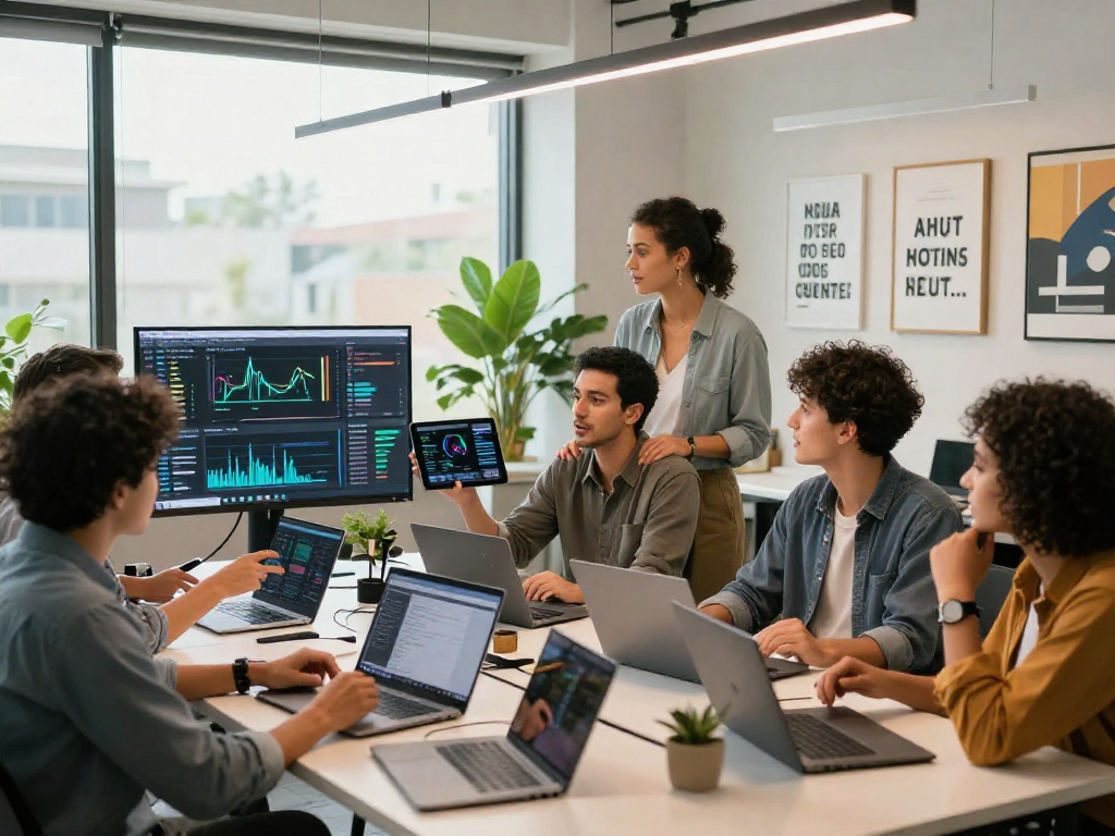 Team collaborating on innovative app development at http://debet-app.com in a modern office space.