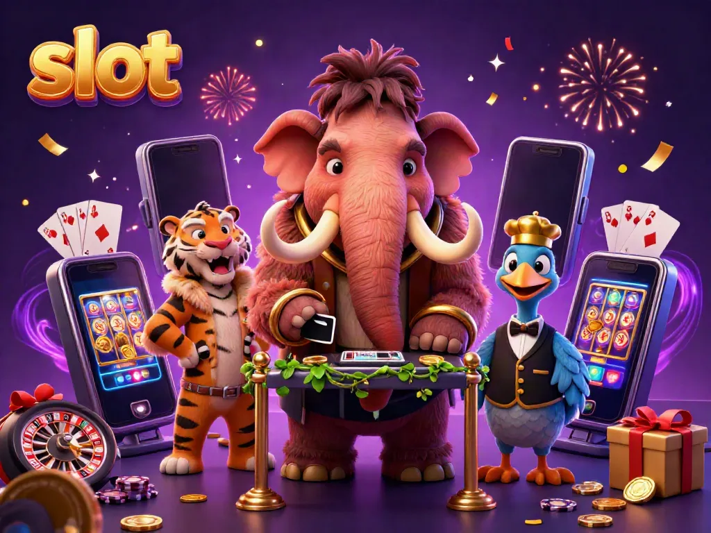 Engaging slot scene with a woolly mammoth bouncer, VIP saber-tooth guest, and slot games in action.