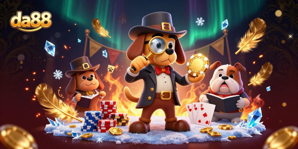 da88 poker scene featuring a detective bloodhound examining chips and clues with a bulldog companion.