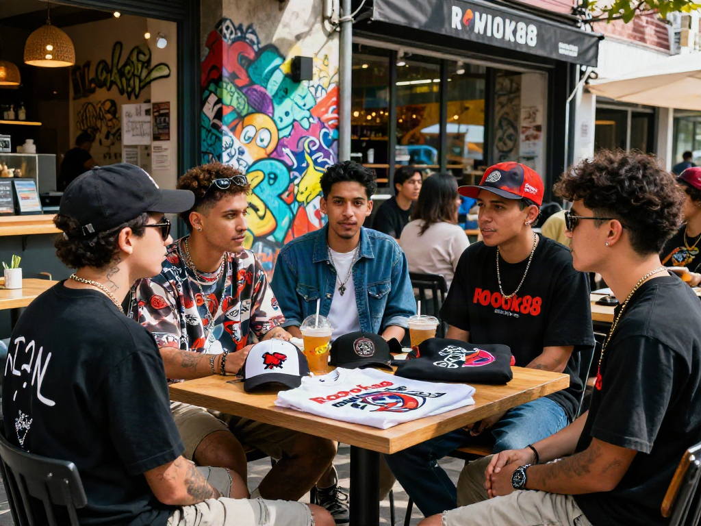 Friends enjoying rokok88 merchandise at a trendy café, showcasing urban fashion and vibrant atmosphere.