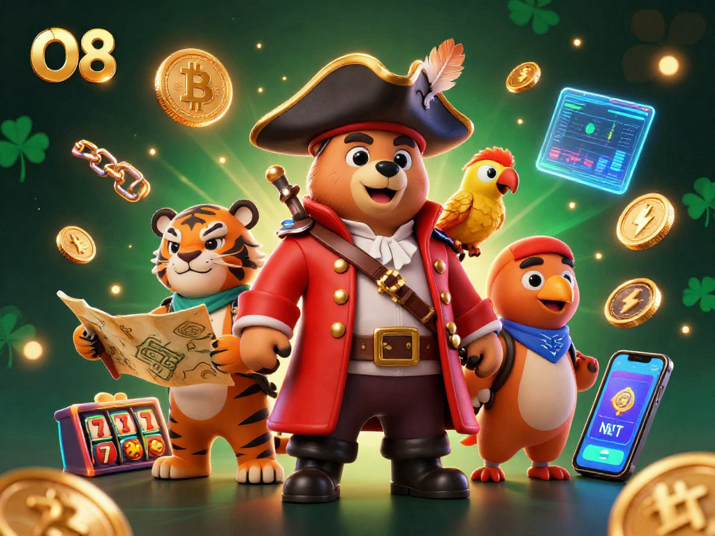 O8 showcases a vivid casino scene with a pirate bear, tiger, and gold coins, celebrating gaming excitement.