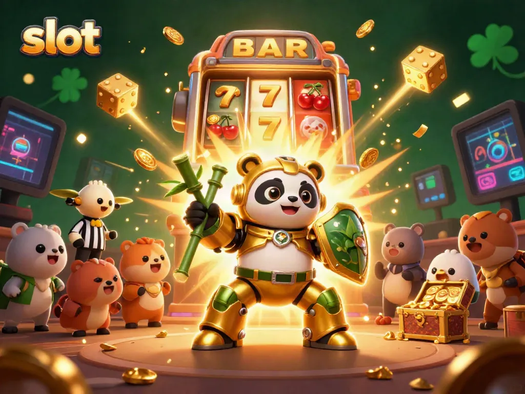 Experience thrilling slot wins with a panda in a mech-suit amidst vibrant casino elements.