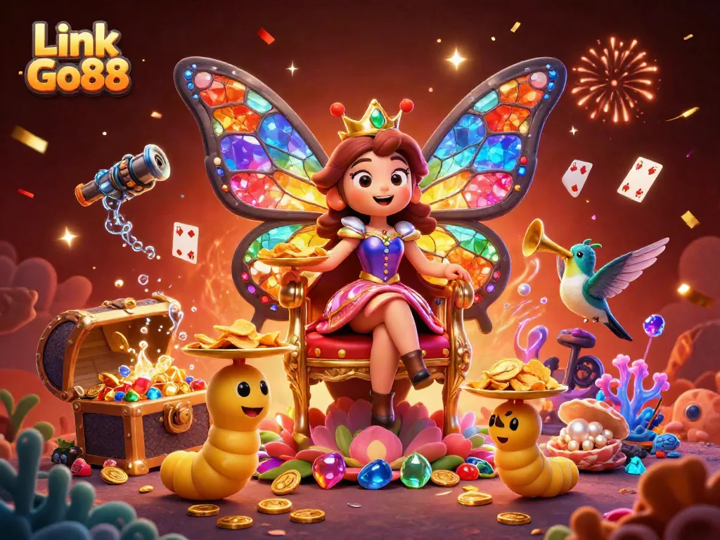Experience the enchanting world of Link Go88 with a vibrant, colorful casino scene featuring a butterfly queen and treasures.