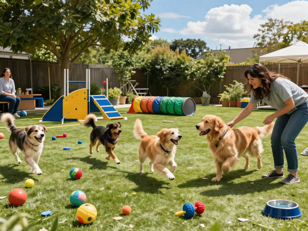 A playful dog daycare scene showing dogs enjoying their time while you consider a deposit 10k for services.