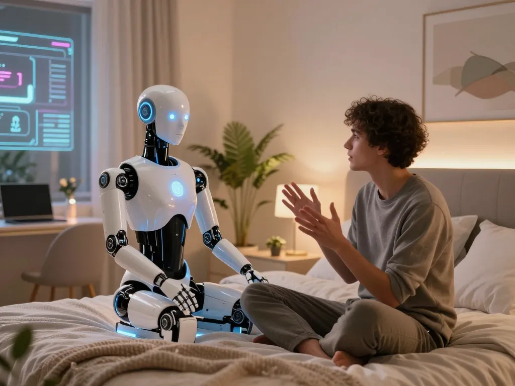 Engaging interaction between a person and a sophisticated sex bot in a futuristic, ambient-lit setting, highlighting human-robot companionship.