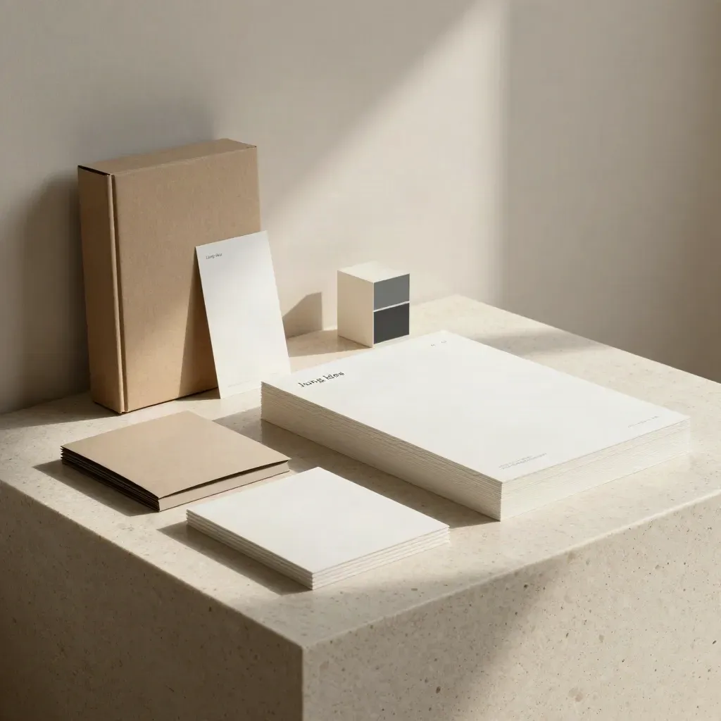 Branding-Startpaket mit Papiermustern, Box und Farbkarten auf Travertin im dramatischen Licht.