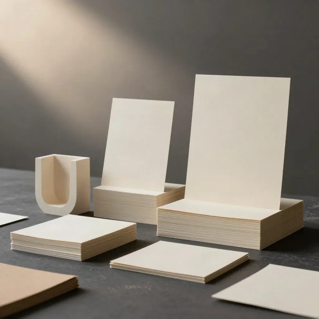 Brand-Konzept-Tableau mit Verpackungsmaquettes, Materialmustern und Papierformen auf dunklem Studioboden