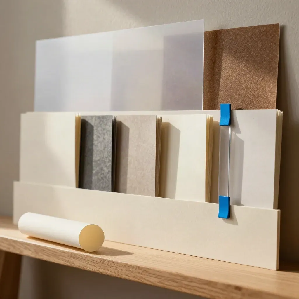 Makro eines Konzept-Workshop-Boards mit Karten, Papierlagen und blauem Akzent.