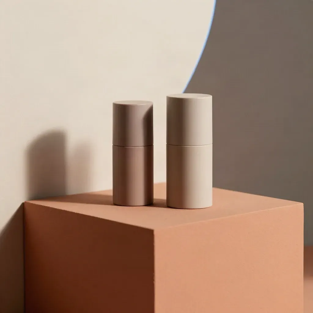Geometrisches Podest mit zwei Produkt-Hüllen in einem ruhigen Studio-Set.