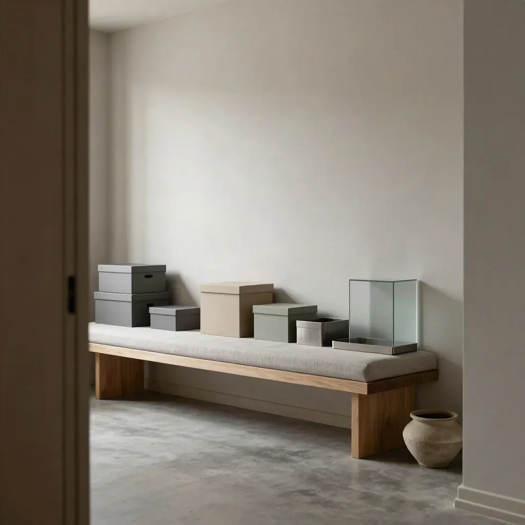 Leere Praxis-Rezeption mit Bank, Wandplatten und geordneten Aufbewahrungsboxen in ruhigem Licht
