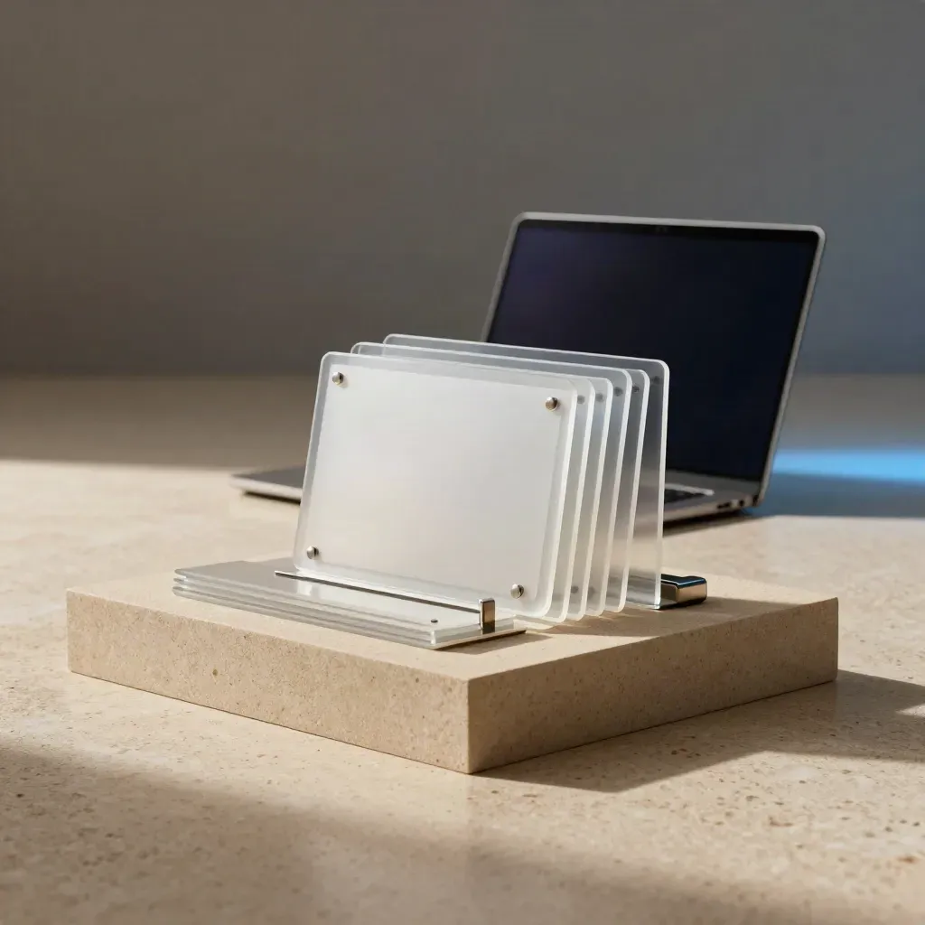 Acryl-Karten, dunkler Laptop und Prototyp-Podest im sanften Studiolicht