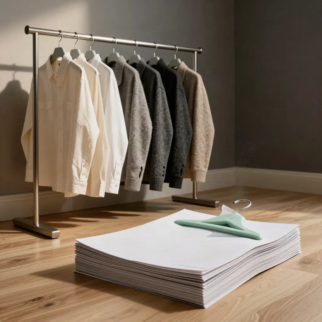 Mode-Kampagnen-Setting mit Kleiderstange, gefalteten Samples und gestapelten Lookbook-Drucken.