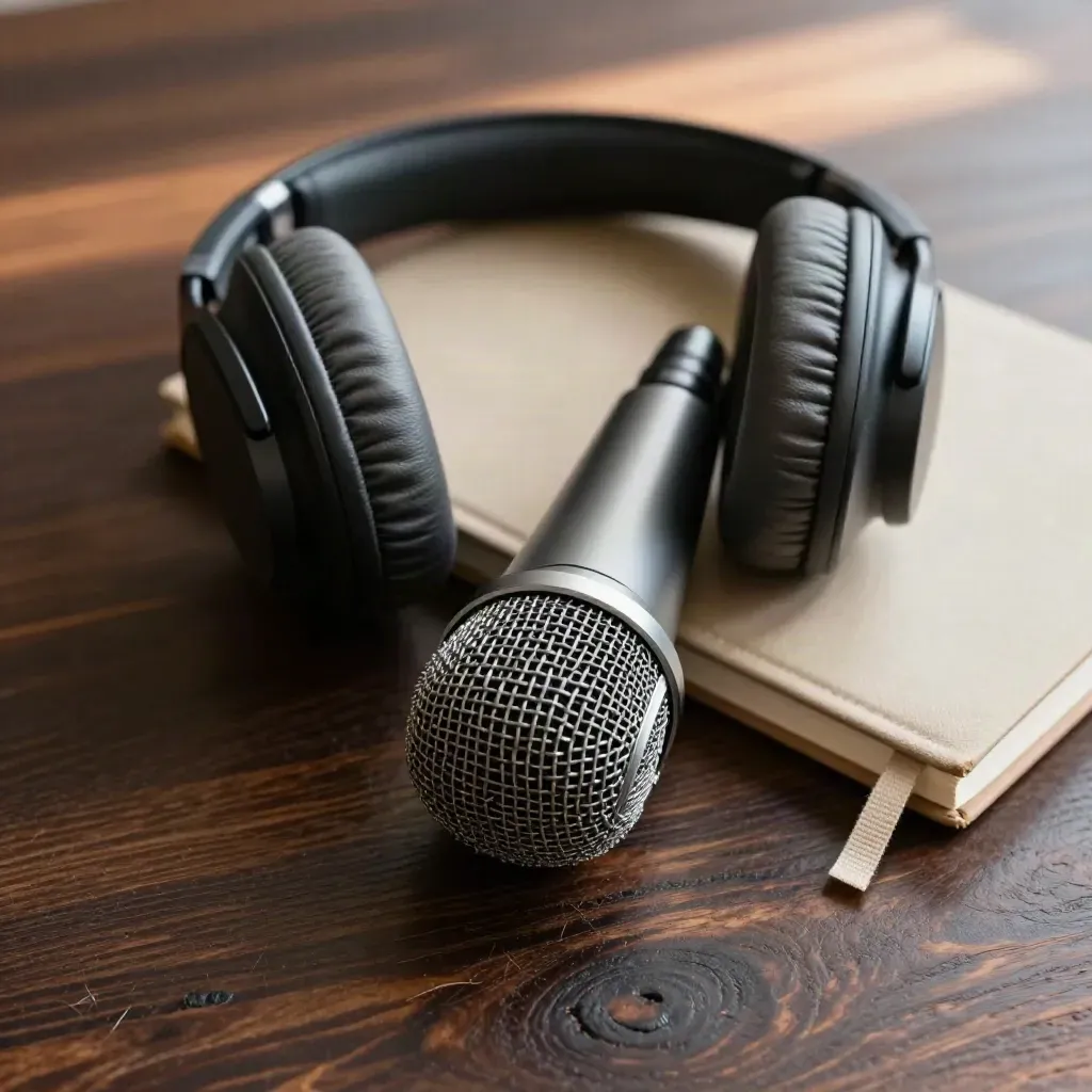 Podcast-Mikrofon, Kopfhörer und geschlossenes Notizbuch auf dunkler Eiche im weichen Licht.