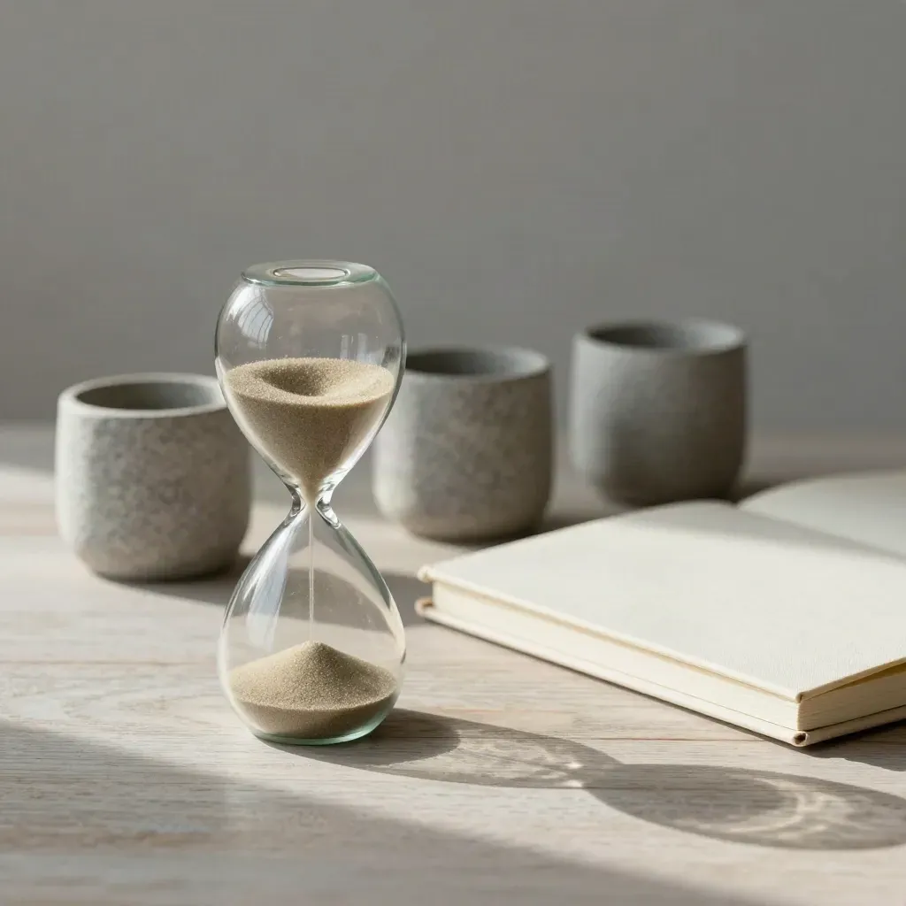 Sanduhr, zwei Steinkelche und geschlossenes cremefarbenes Notizbuch auf heller Holzfläche.