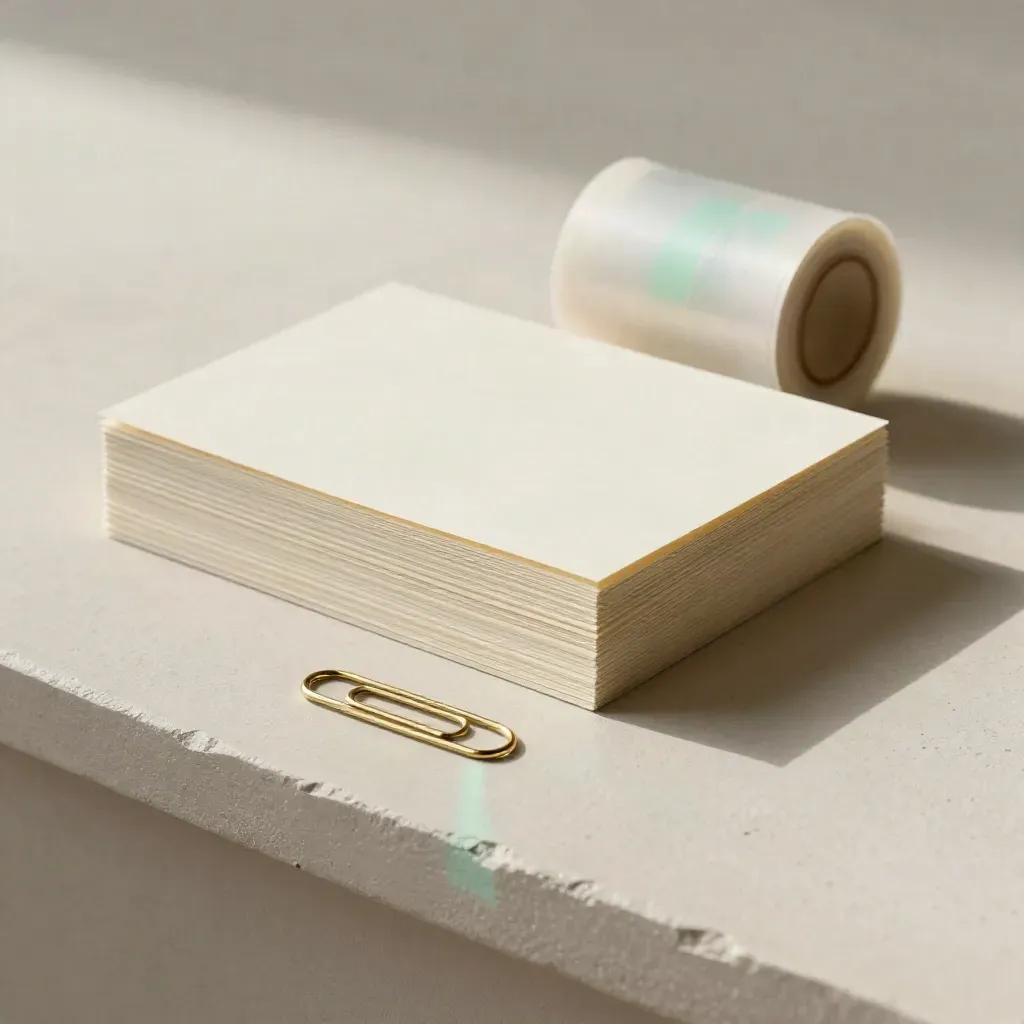 Kremfarbene Workshop-Karten, Transparentpapierrolle und Messingclip auf hellem Putzsockel.