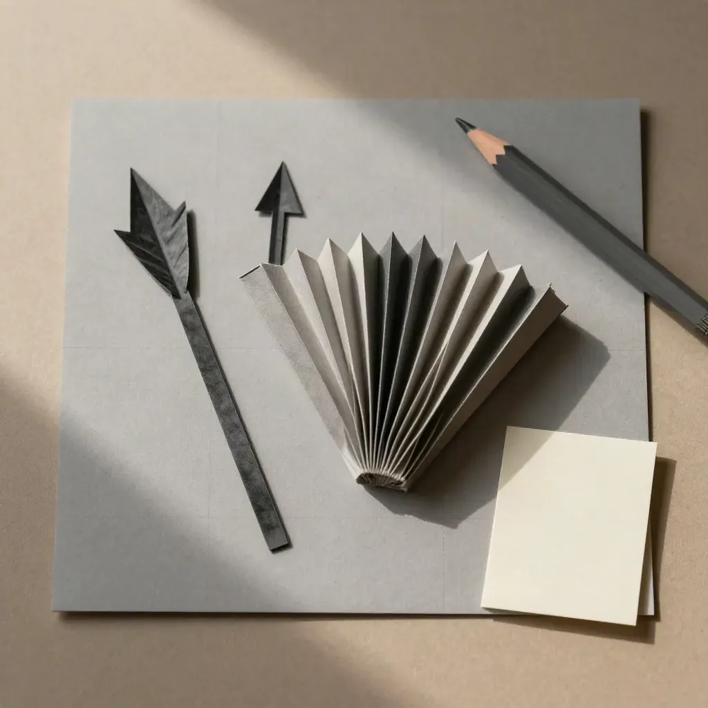 Konzept-Flatlay mit Papierpfeilen, Akkordeonfalz und Bleistiftstummel auf mattem Board.