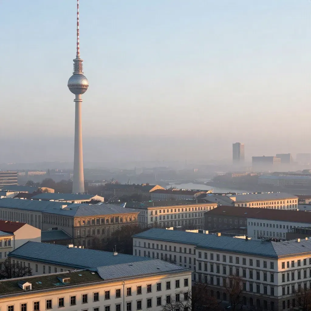 Berliner Skyline im Morgendunst mit Fernsehturm über ruhigen Dächern und Flusshaze
