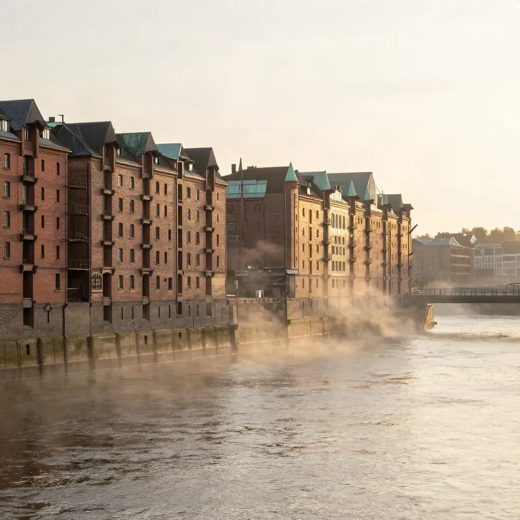 Speicherstadt in goldenem Abendlicht über der Elbe mit Nebel und ruhigem Wasser
