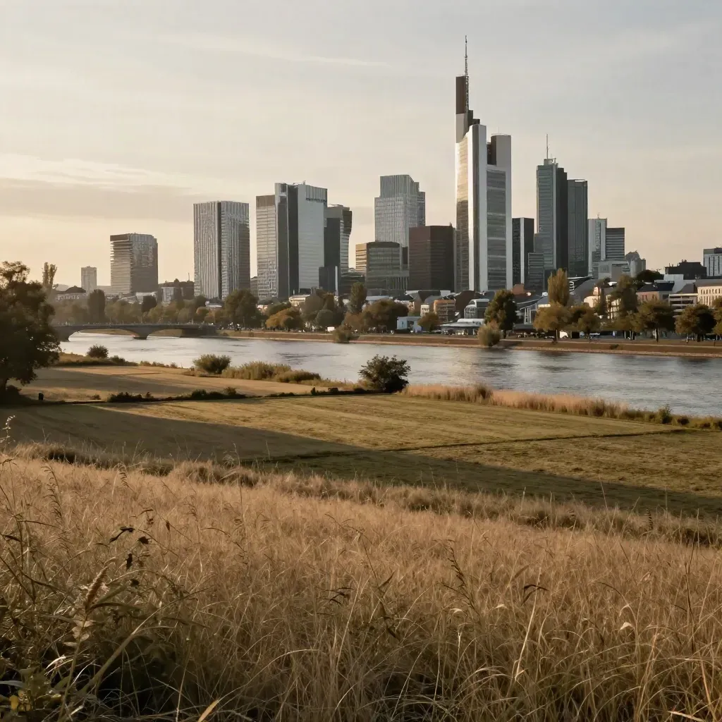 Frankfurter Skyline über dem Main im warmen Abenddunst, Felder und Fluss im Vordergrund