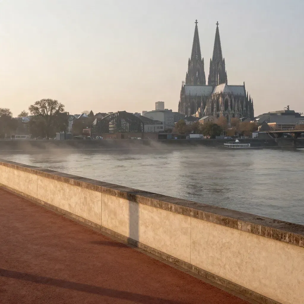 Kölner Dom-Silhouette über dem Rhein im warmen Dunst, ruhige Stein- und Wasserflächen.