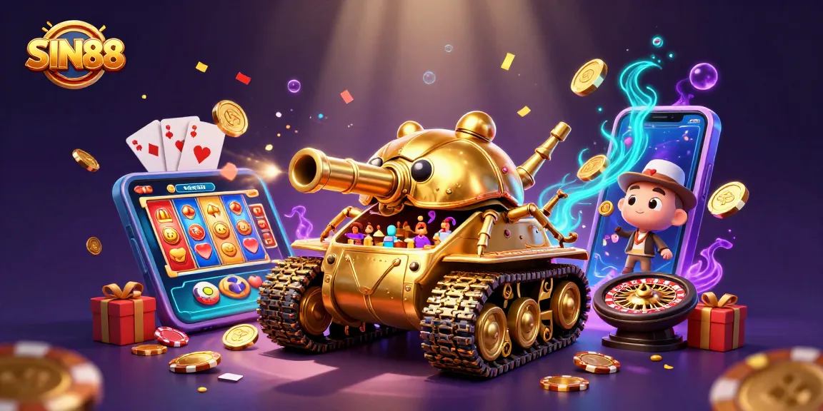 SIN88 showcases a dynamic 3D casino scene with a golden beetle tank and vibrant gambling elements.