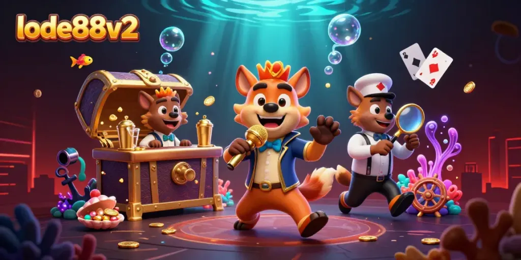 Witness the vibrant lode88v2 casino scene with cartoon hyenas delivering comedy, cocktails, and security.